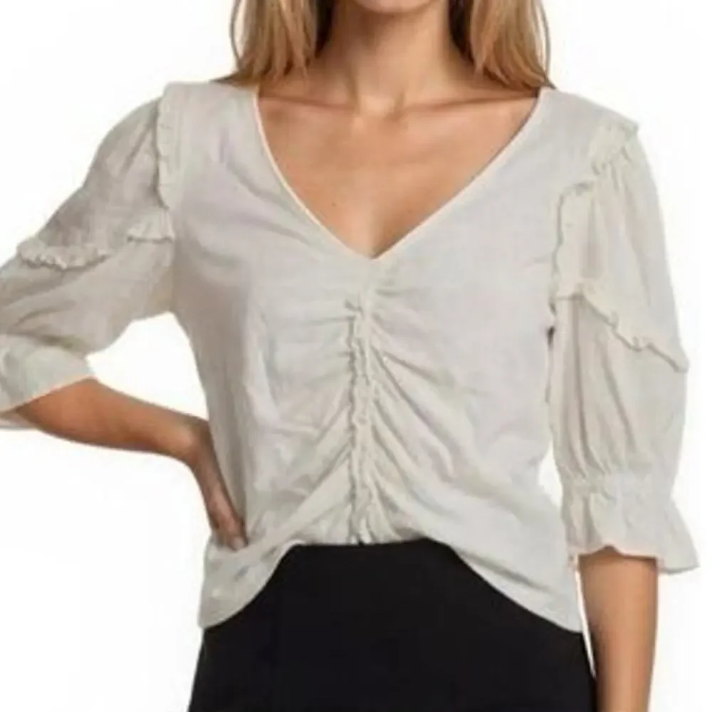 Anthropologie 100% Cotton Blouse Top Womens XS White Puff Sleeve V-Neck Ruffle